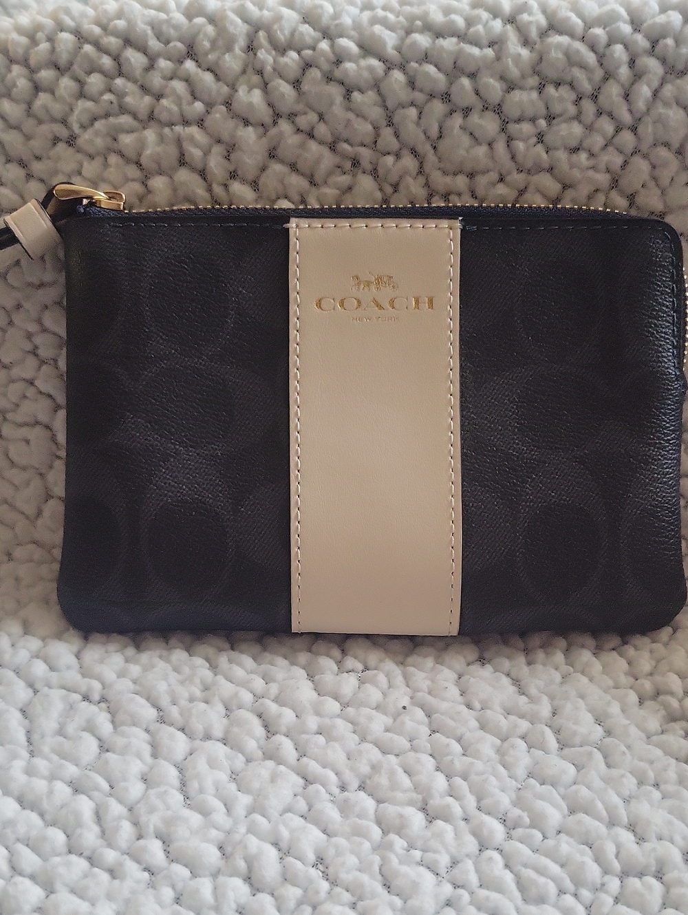 Coach Navy Wristlet with Cream Center Stripe